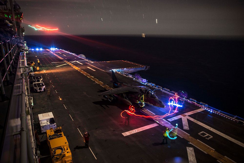 Light Show. An AV-8B Harrier with Marine Medium Tiltrotor Squadron 161 (Reinforced), 15th Marine Expeditionary Unit…