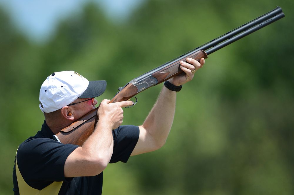Army Maj. Dave Guida, a member of the Army Skeet Team, shoots during the 2015 Armed Services Skeet Championships. The five…