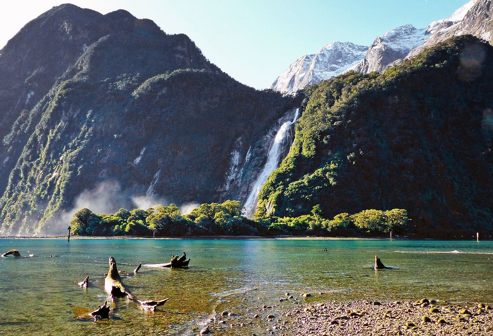 The Bowen Falls at Milford Sound, a fiord in New Zealand. Original public domain image from Flickr