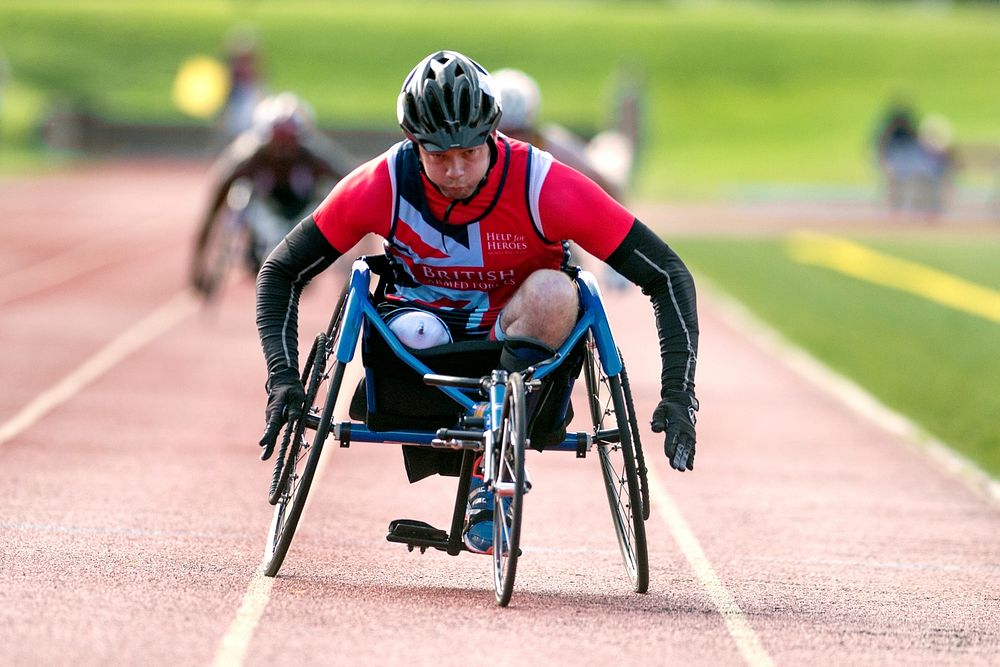 United Kingdom&rsquo;s Gareth Golightly races a wheelchair during the 2015 Department of Defense Warrior Games at Marine…
