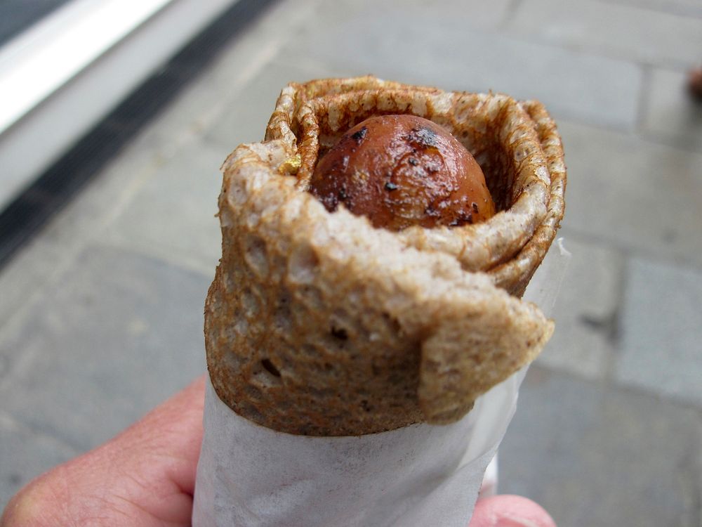 Galette saucisse (Sausage wrapped in buckwheat cr&ecirc;pe) - Delicious!.