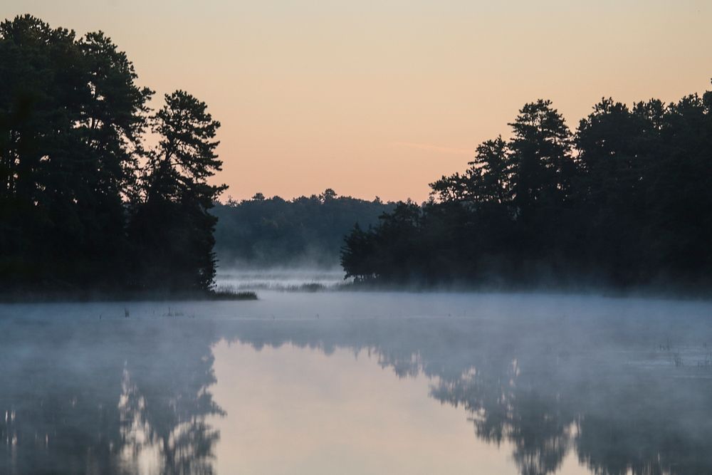 Harrisville Pond on a misty morning. Original public domain image from Flickr