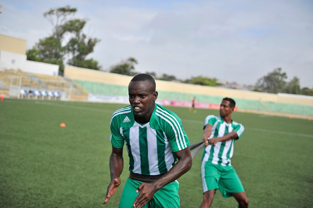 The Somalia national soccer team seen doing drills during a training session at Banadir stadium in Mogadishu on August 29…