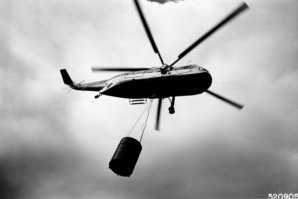 S-61 with Fire Bucket, Deschutes NF, OR 1970. Original public domain image from Flickr