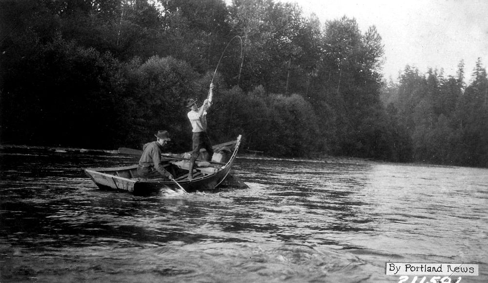 Fishing from River Boat, Cascade NF, OR c1920. Original public domain image from Flickr