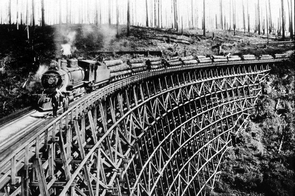 RR Timber Trestle, NPRR Spur, WA 1918 Prentiss. Original public domain image from Flickr