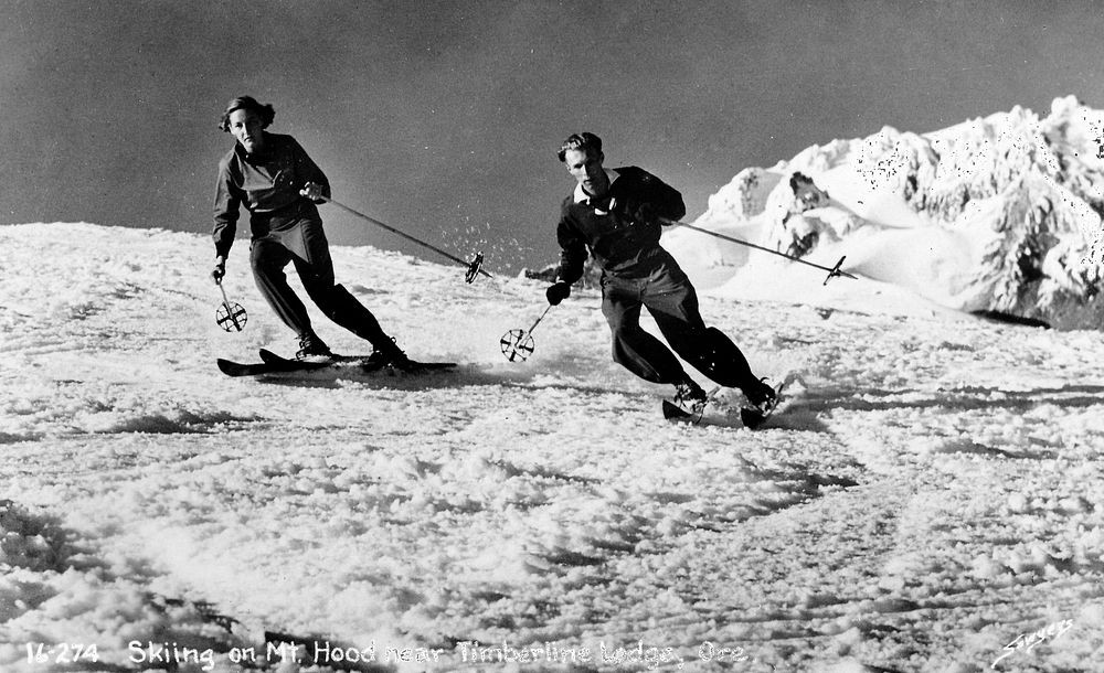 Skiing on Mt. Hood near Timberline Lodge, Oregon, date unknown. Original public domain image from Flickr