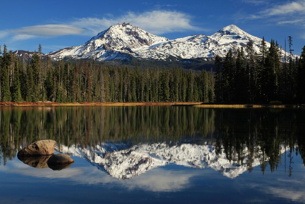 Scott Lake and Three Sisters in Autumn, Willamette National Forest, Willamette National Forest. Original public domain image…