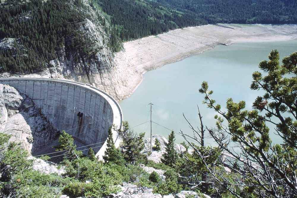 Dam on Gibson Reservoir, July 1977. Original public domain image from Flickr