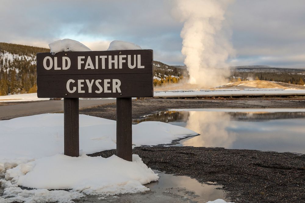 Old Faithful eruption and sign. Original public domain image from Flickr