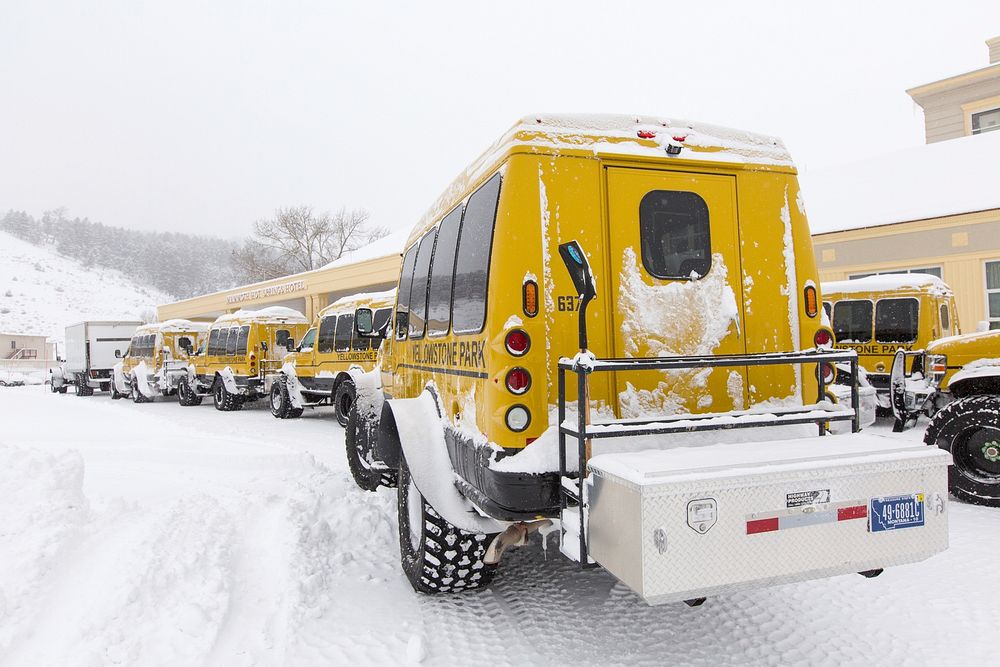 Snowcoaches outside the Mammoth Hot Springs Hotel by Neal Herbert. Original public domain image from Flickr