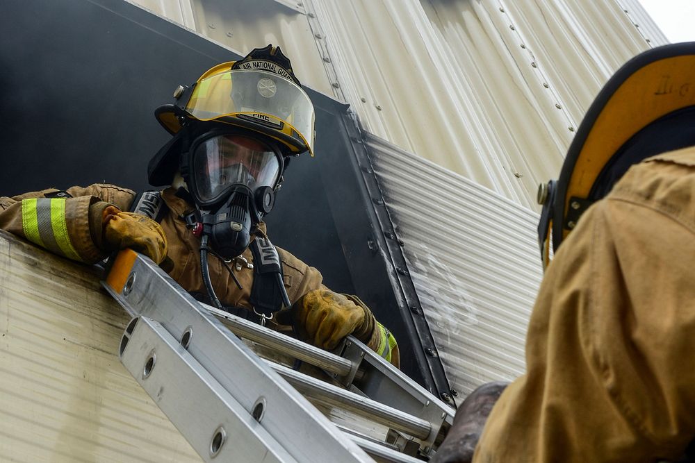 U.S. Air Force firefighters assigned to the South Carolina Air National Guard's 169th Civil Engineer Squadron complete their…