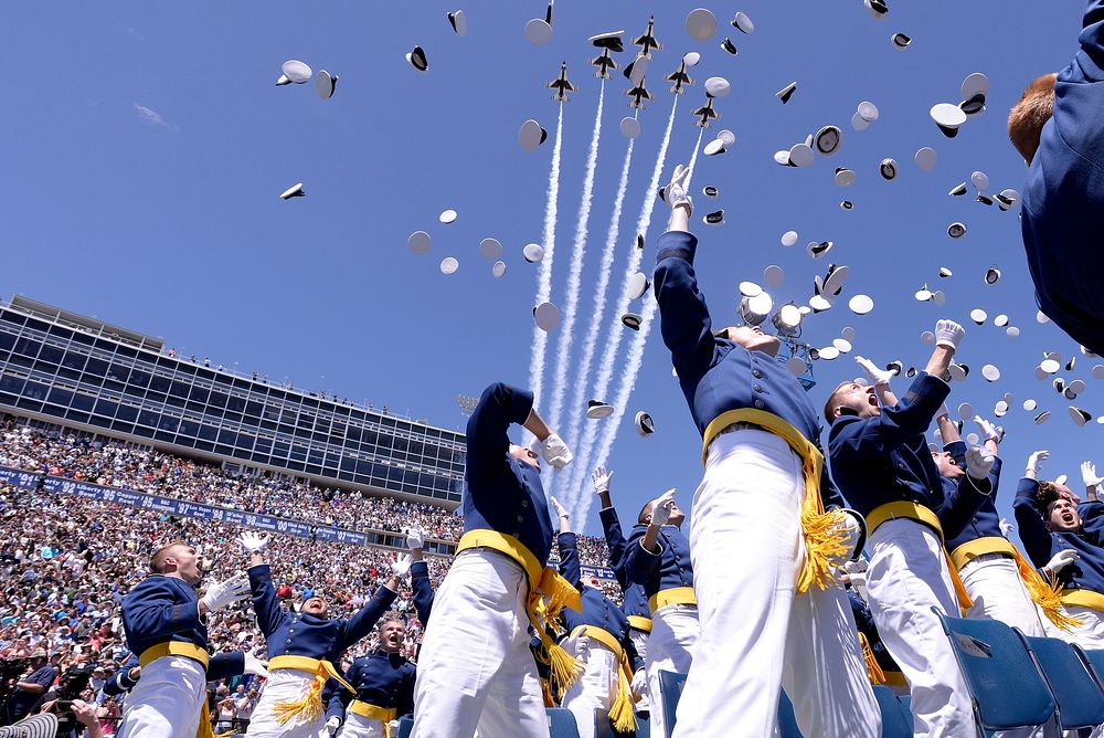 The U.S. Air Force Thunderbirds fly over the Air Force Academy Class of 2016 Graduation ceremony at Falcon Stadium in…