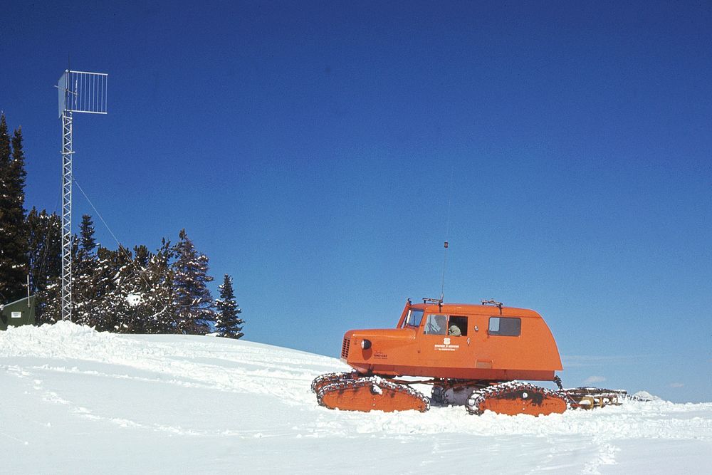 Snowcat going into Lick Creek repeater, 1966. Original public domain image from Flickr