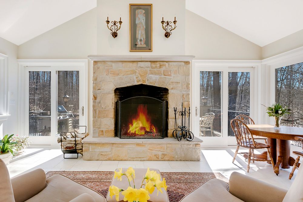 Living room with fireplace. Free public domain CC0 photo.