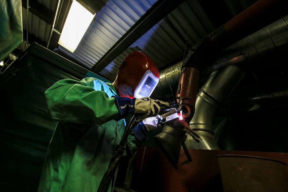 North Carolina Army National Guard Sgt. Michael Gray welds stainless steel during the Allied Trade Specialist Course 30…