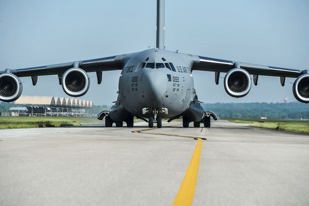 A U.S. Air Force C-17 Globemaster III taxis at McEntire Joint National Guard Base in Eastover, S.C., June 29, 2016.