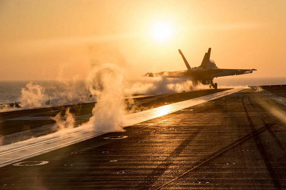 MEDITERRANEAN SEA - An F/A-18F Super Hornet assigned to the Fighting Swordsmen of Strike Fighter Squadron (VFA) 32 launches…