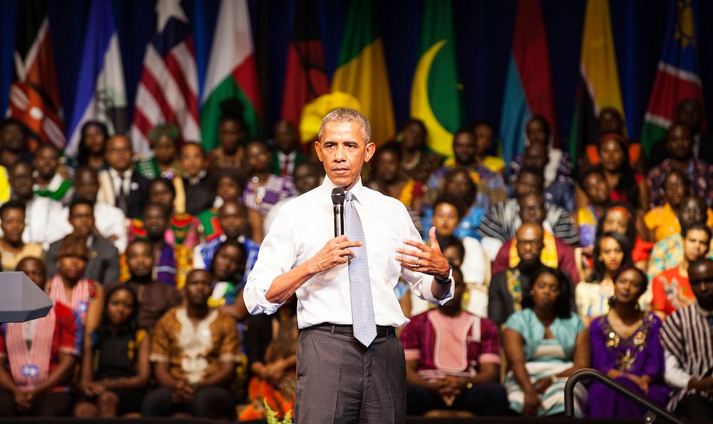 Former president Obama addresses the Mandela Washington Fellows at the Young African Leaders Summit, USA,  August 3, 2016.