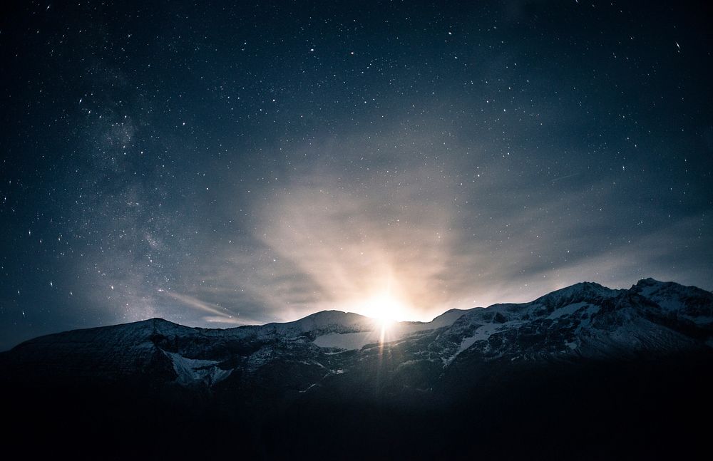 Starry night, sunrise on mountain. Free public domain CC0 image.