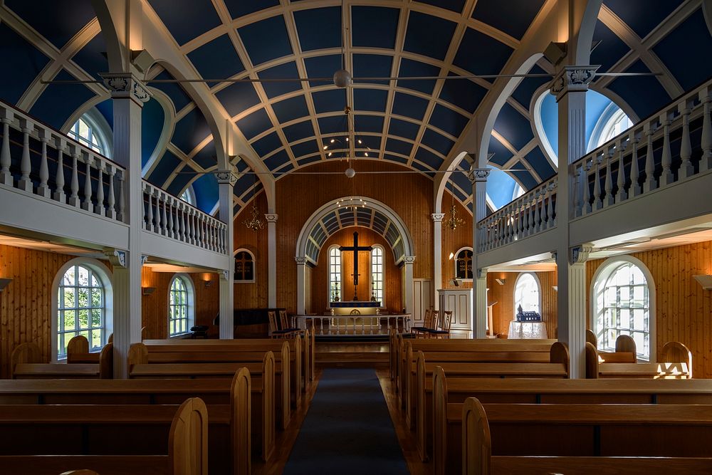 Interior of the Blue Church in Seyðisfjörður, Iceland.