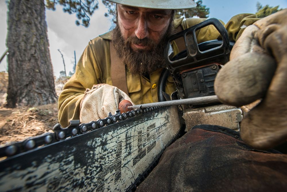 U.S. Department of Agriculture (USDA) Forest Service (FS) Forestry Technician Clyde Carroll sharpens the teeth on the…