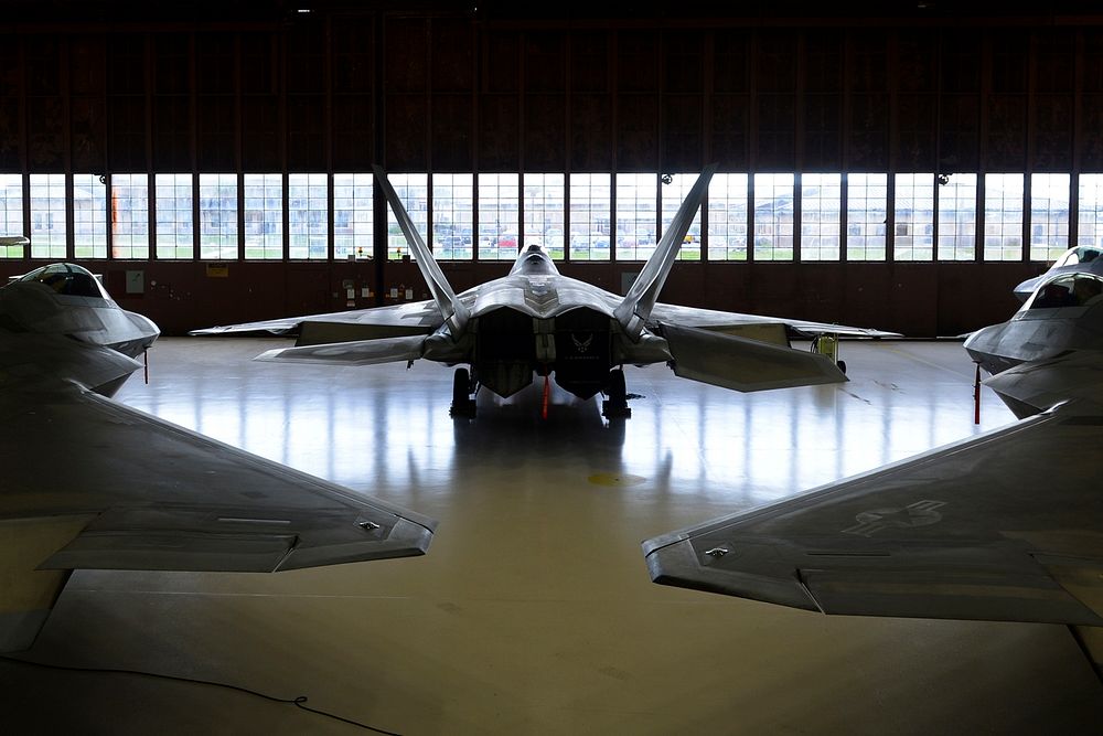 F-22 Raptors sit in a hangar at Tyndall Air Force Base, Fla., Sept. 1, 2016.