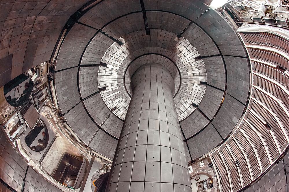 View of the overarching, umbrella-like form of the interior of the National Spherical Torus Experiment Upgrade (NSTX-U) at…
