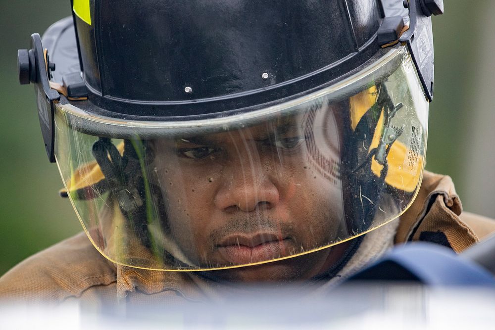New Jersey Department of Military and Veterans Affairs Fire Captain Julius Simmons trains with extraction gear on Atlantic…