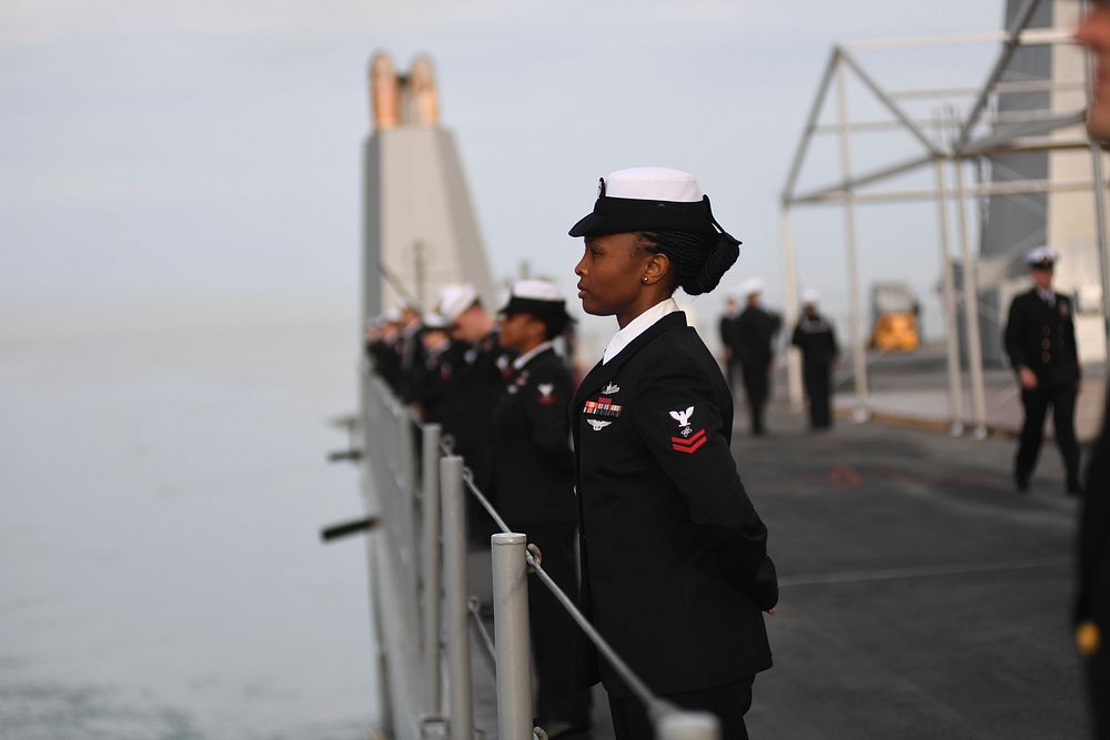 BATUMI, Georgia (Oct. 12, 2016) Petty Officer 2nd Class Alicia Hopkins, from Orlando, Fla., mans the rails aboard the U.S.…