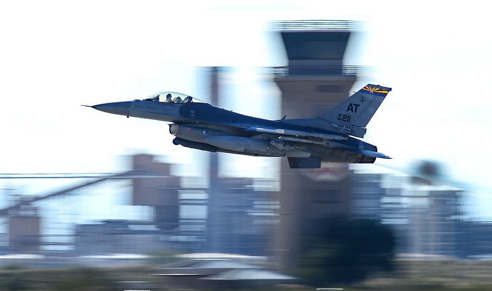 An F-16 Fighting Falcon assigned to The Air National Guard Air Force Reserve Test Center takes off from Davis-Monthan Air…