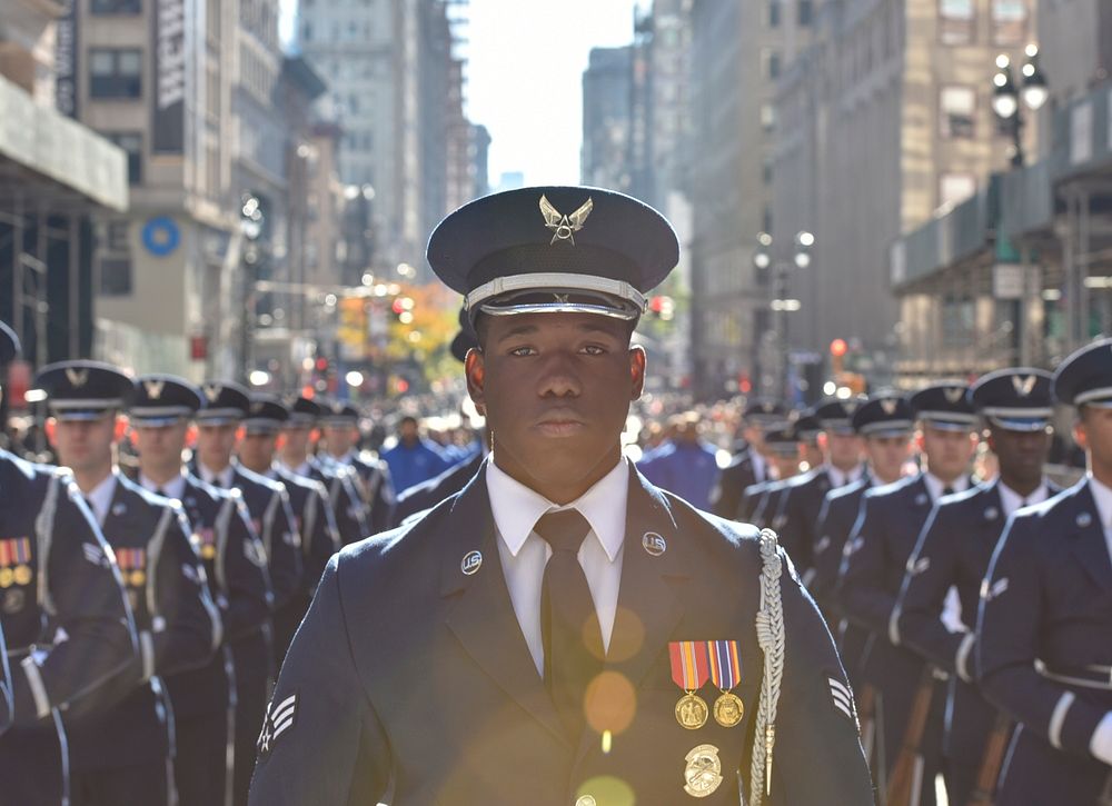 U.S. Air Force Senior Airman Jamar Jackson, a United States Air Force Honor Guard ceremonial guardsman, marches in the…