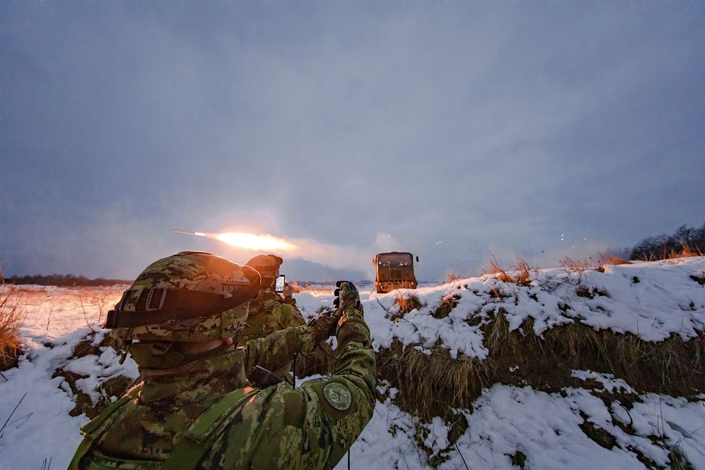 A Croatian Soldier assigned to Battle Group Poland presses the remote trigger to a Vulcan M-92 rocket launcher, firing a…