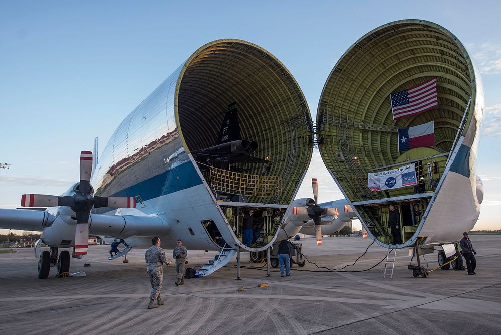 A T-38 Talon is unloaded from a B-377 Super Guppy March 3, 2017, at Joint Base San Antonio-Randolph, Texas.