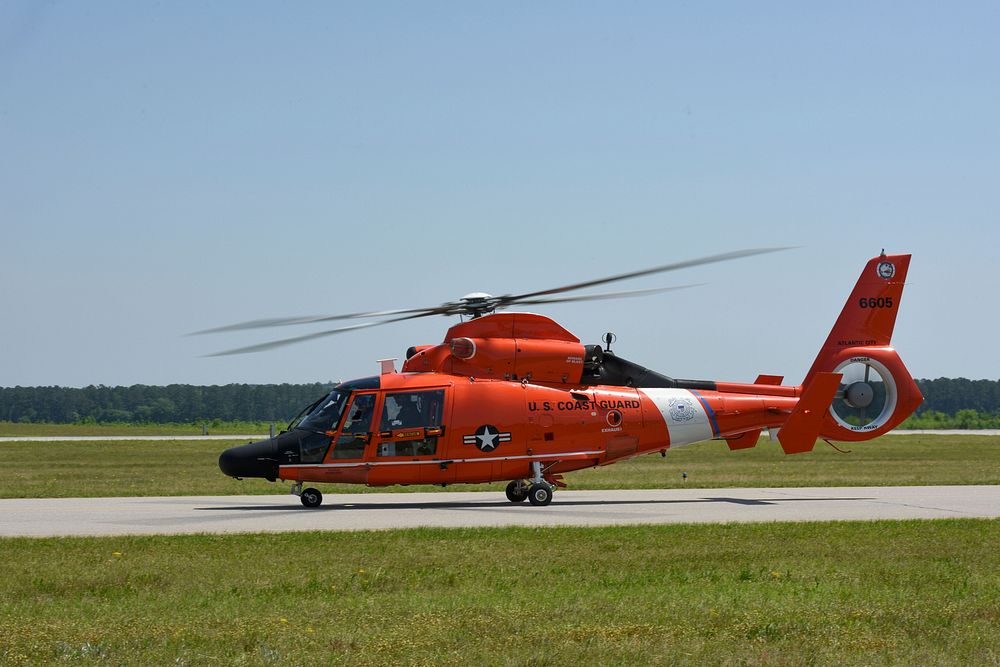 U.S. Coast Guard Eurocopter HH-65 Dolphin helicopter lands at McEntire JNGB. Original public domain image from Flickr