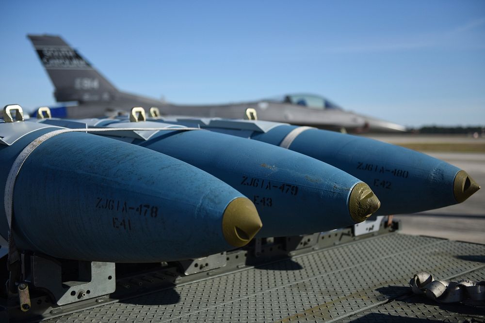 Three GBU-31 bombs are ready to be loaded onto the F-16 Fighting Falcon fighter jets at Tyndall Air Force Base, Florida on…