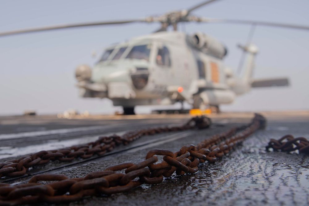 MEDITERRANEAN SEA (April 23, 2019) An MH-60R Sea Hawk helicopter assigned to the &ldquo;Grandmasters&rdquo; of Helicopter…