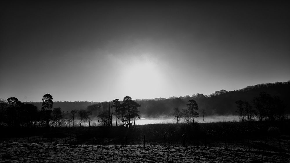 Fog above the lake, monotone. Original public domain image from Flickr