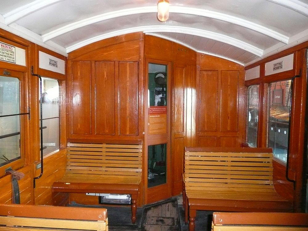 Inside / looking towards the driver's cab in the preserved 3rd class Liverpool Overhead Railway coach which is on display at…