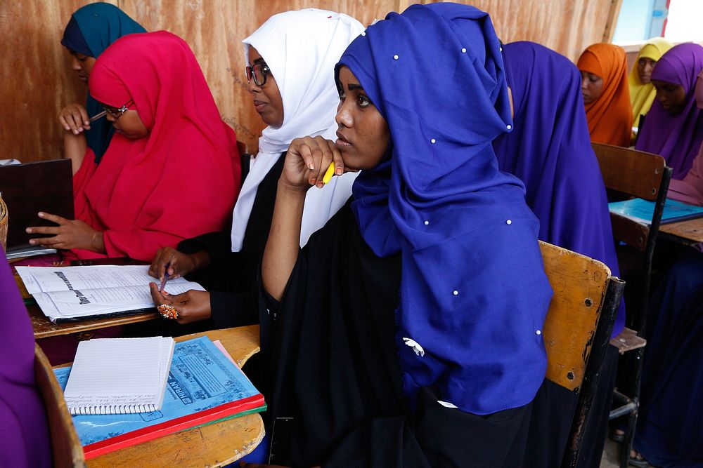 Iqra Ali( right from first row) attends ca class session at Hiran University in Beletweyne, Somalia on May 14, 2017. UN…