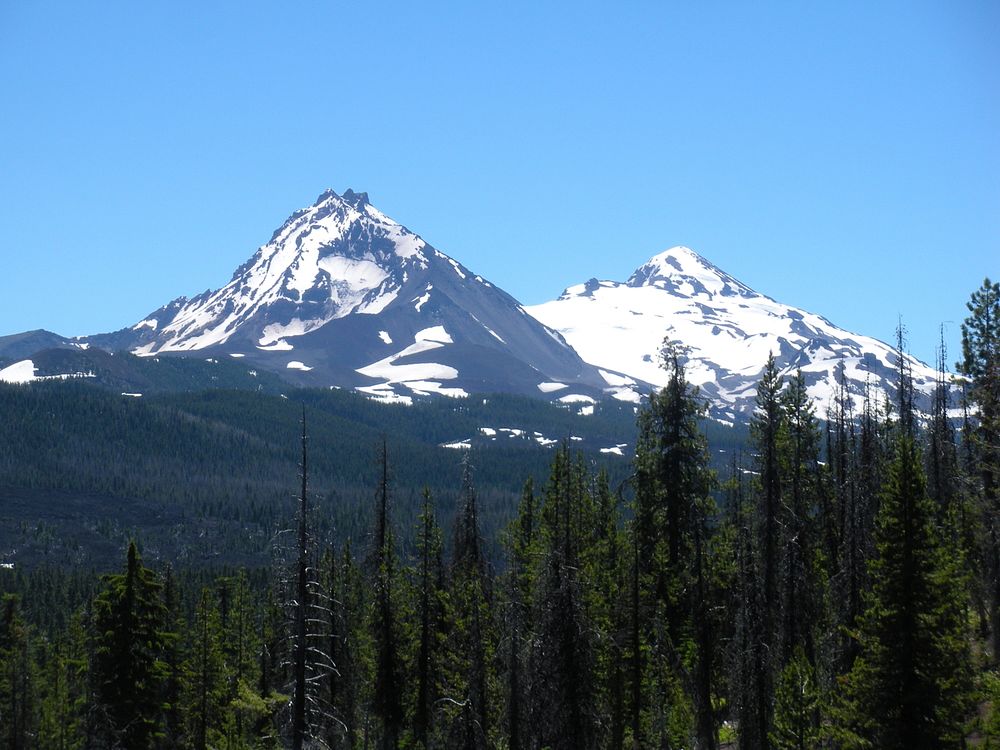 View of Three Sisters from Linton Lake, Willamette National Forest. Original public domain image from Flickr