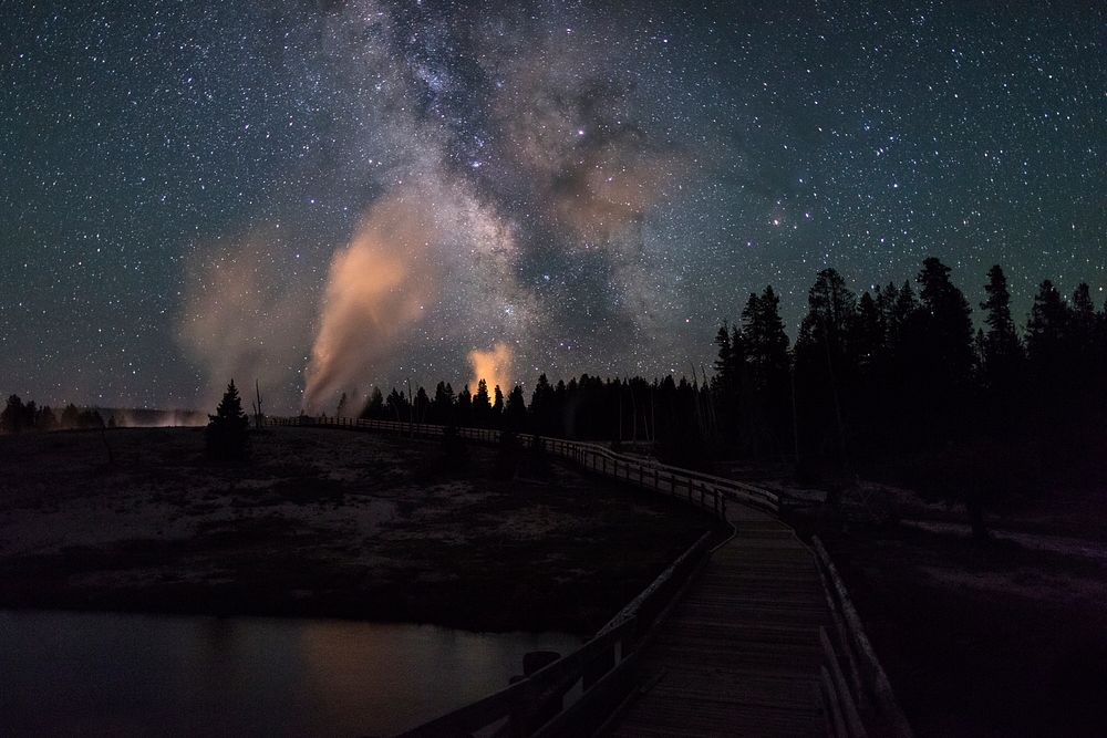 Milky Way and Castle Geyser viewed from the boardwalk over the Firehole River by Jacob W. Frank. Original public domain…