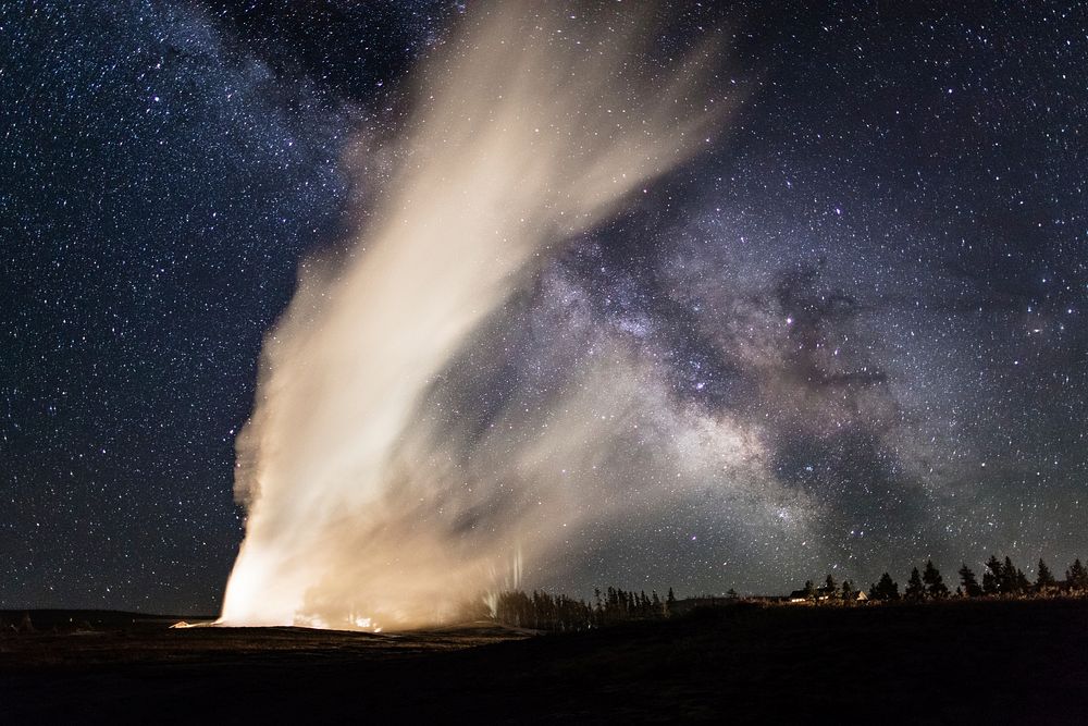 Old Faithful and Milky Way crisscross on a clear summer nightby Jacob W. Frank. Original public domain image from Flickr