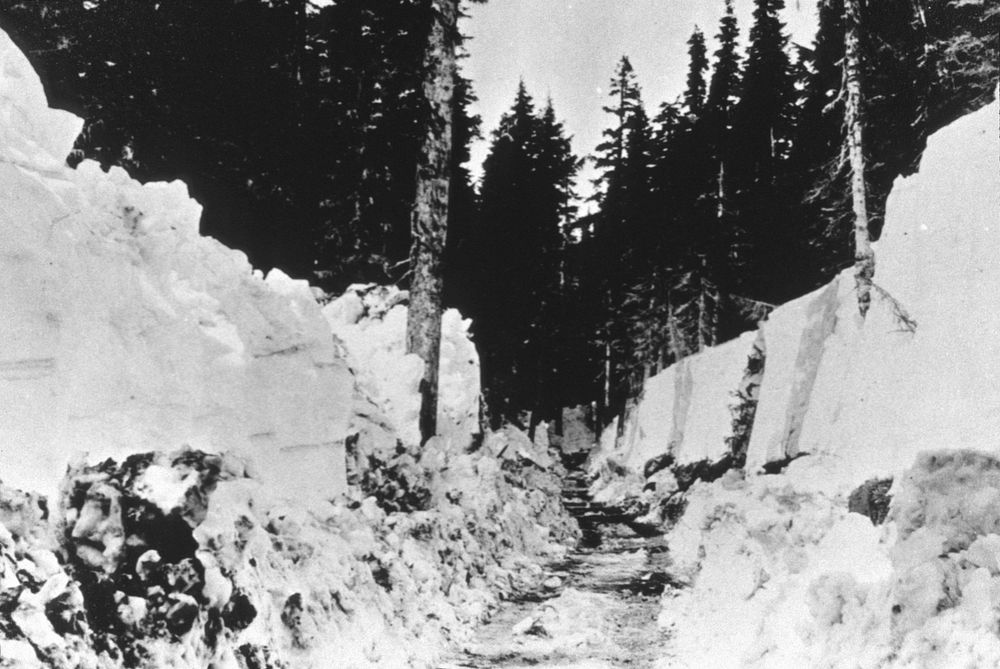 Road plowed to Timberline Lodge, Mt Hood National Forest 1930's. Original public domain image from Flickr