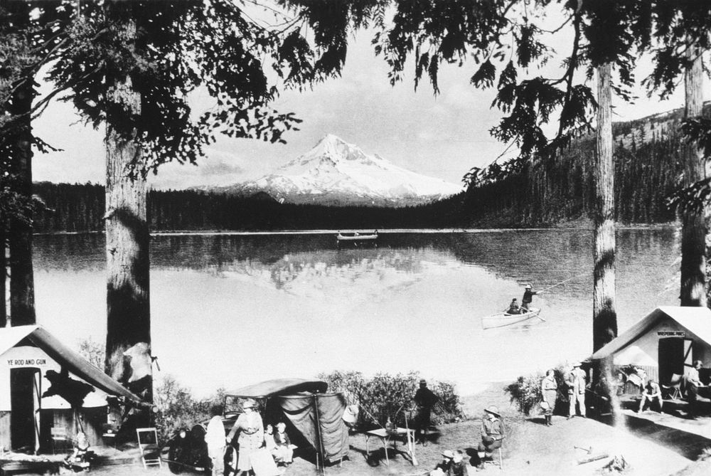 Campground scene at Lost Lake, Mt Hood Nat'l Forest 1920's. Original public domain image from Flickr