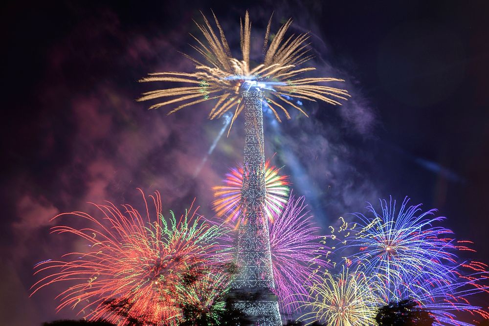 Fireworks at Eiffel Tower, Paris, France. Free public domain CC0 photo.