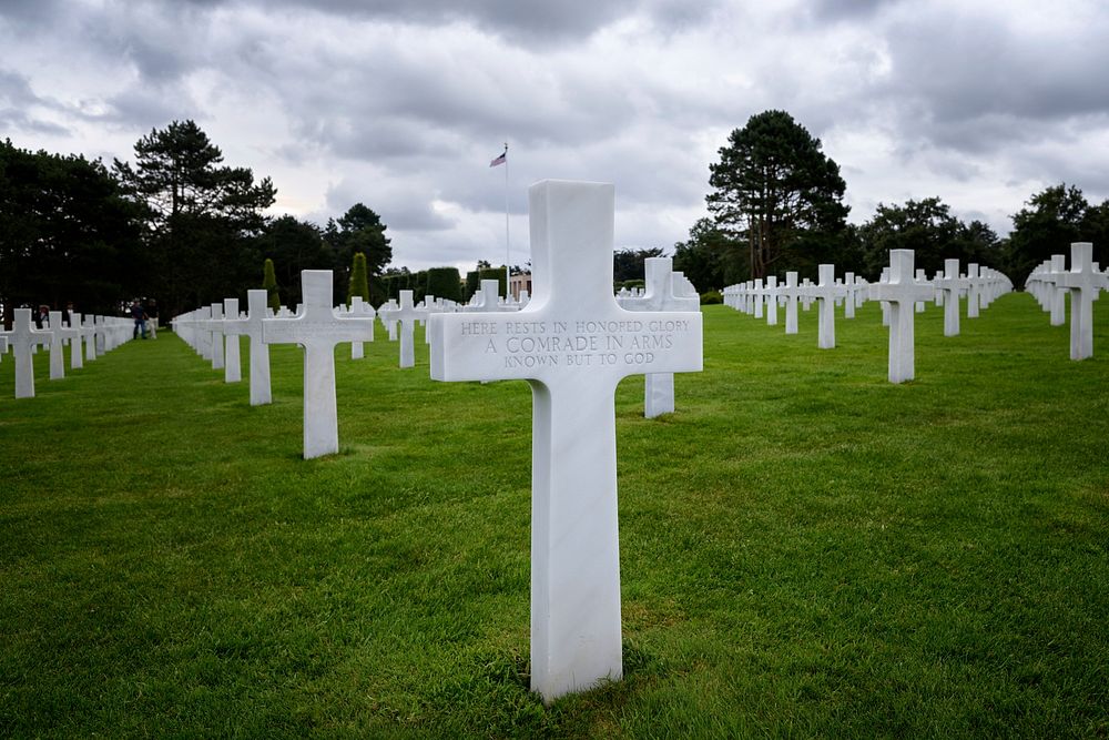 The grave of an unknown soldier in the American Cemetery at Omaha Beach, Normandy.