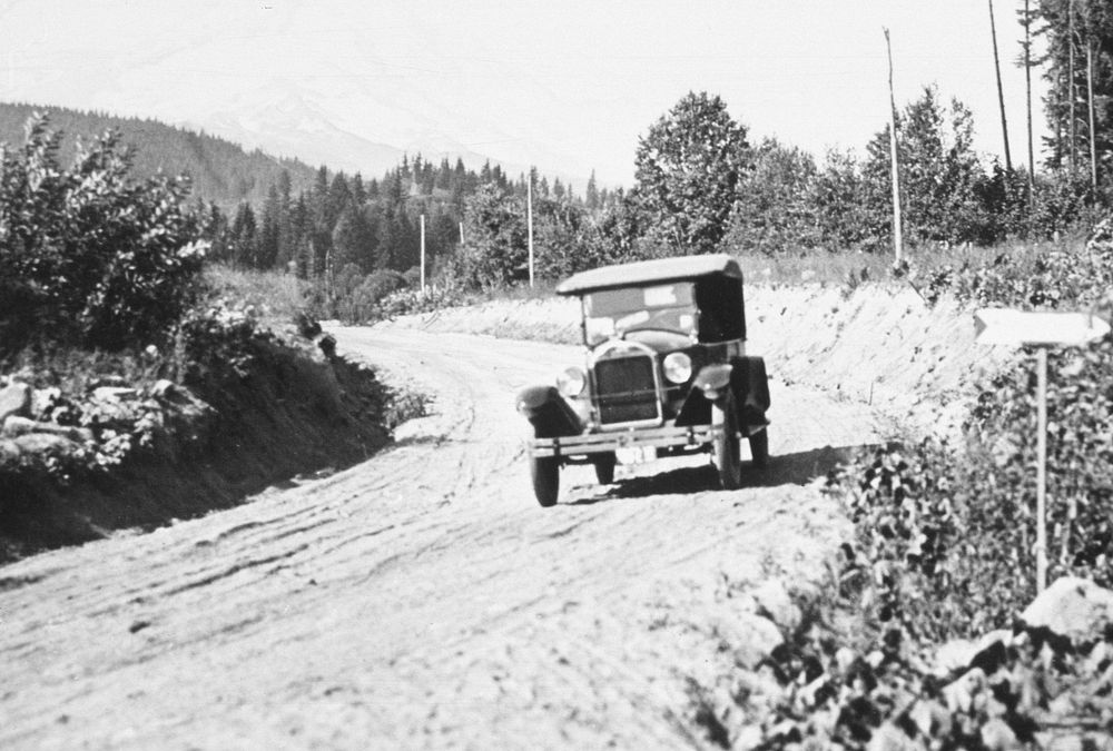 First car o Mt Hood Loop Highway. Original public domain image from Flickr