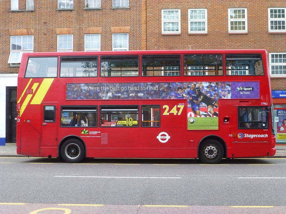 London bus on route No.247 which is taking part in the 2017 colour coded bus route trials which was based upon buses that…