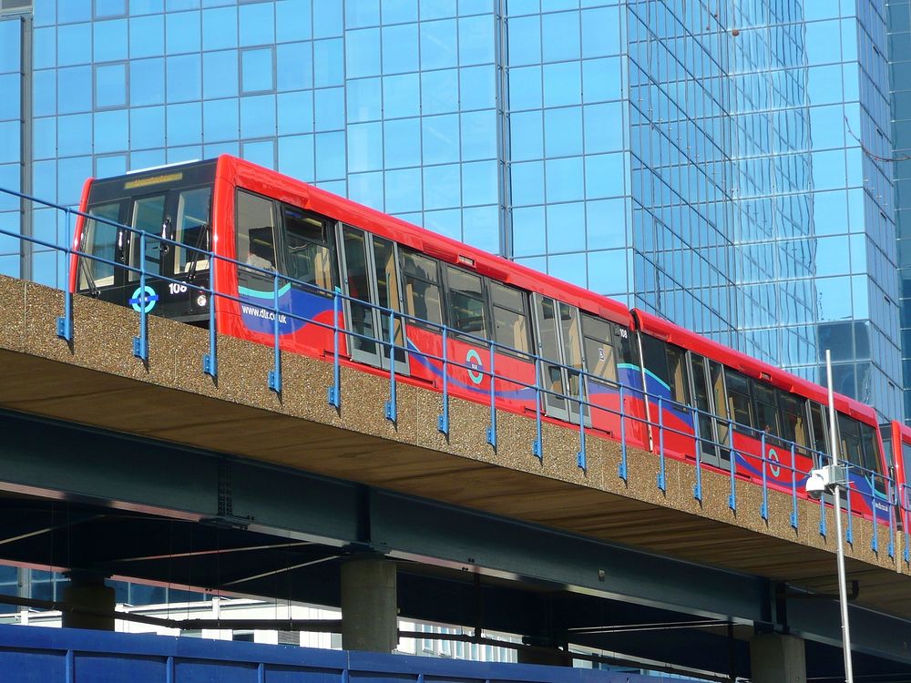 A southbound London Docklands Light Railway train headed by B07 unit No.108 approaches Crossharbour station.